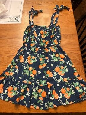 Navy Orange Print Tie-Shoulder Sundress
